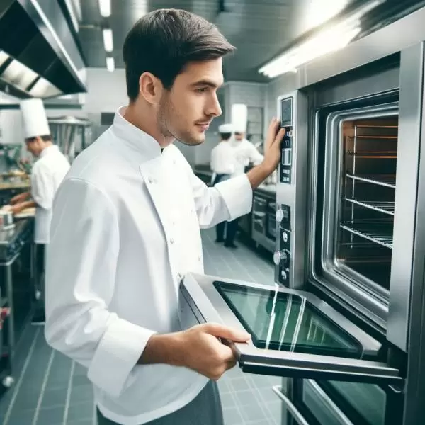 a chef in a white chef's coat is looking in a clean stainless steal oven in a restaurant kitchen